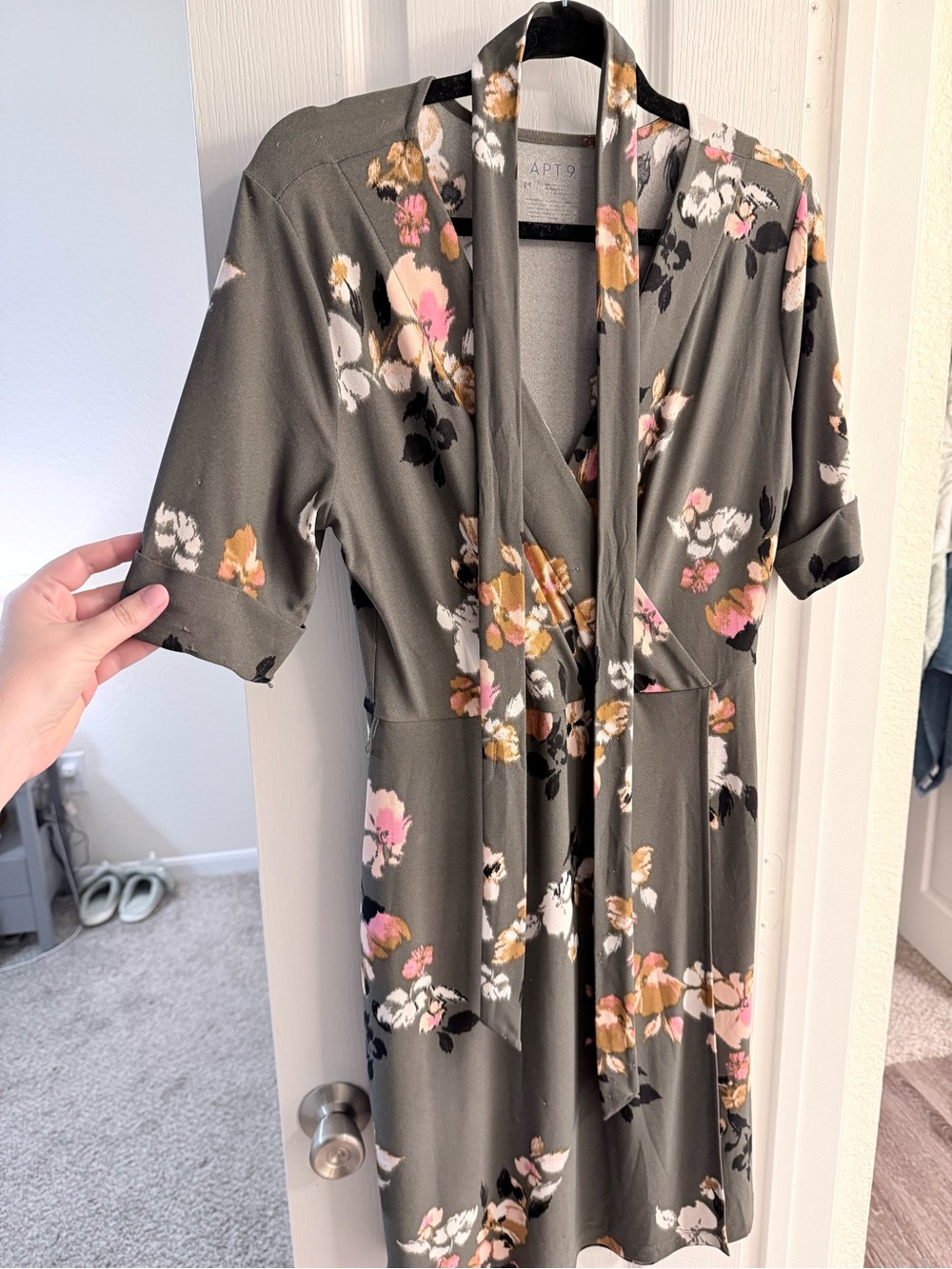 Apt. 9 Olive Floral Tie-Front Mini Dress with Pink & Cream Blooms